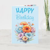 Carte Gerbera flowers happy birthday blank blue (Devant)