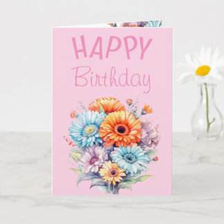 Carte Gerbera flowers happy birthday blank pink