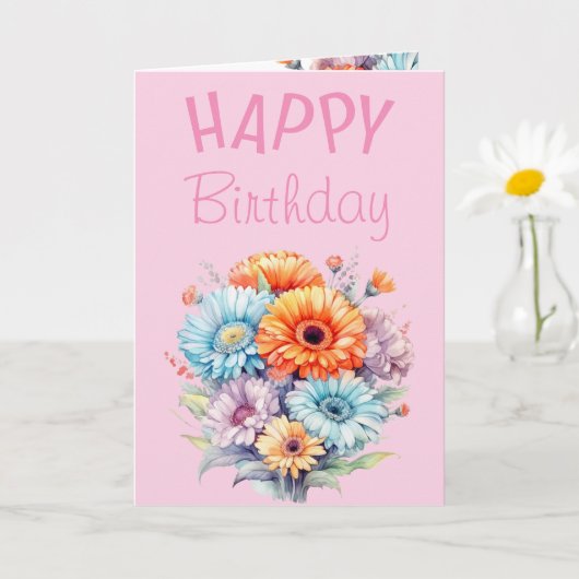 Carte Gerbera flowers happy birthday blank pink (Petite plante)