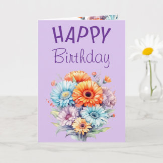 Carte Gerbera flowers happy birthday blank purple