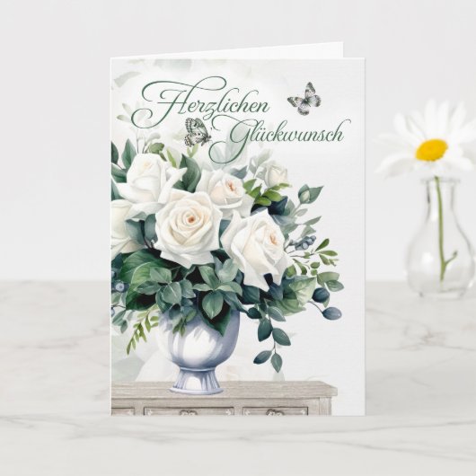 Carte German Congratulations White Roses and Butterflies (Petite plante)