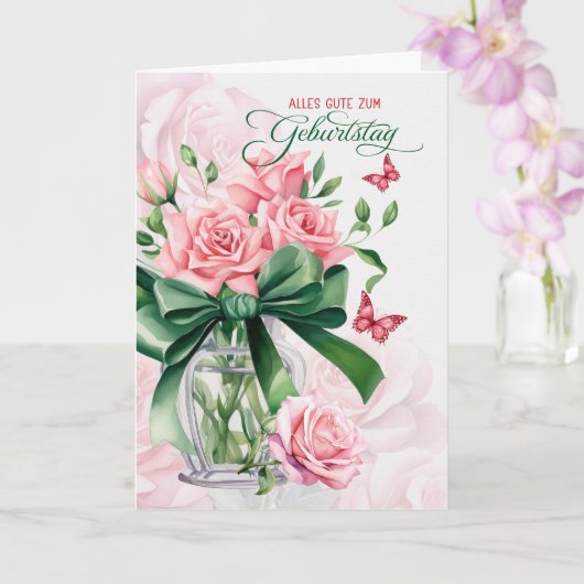 Carte German Geburtstag Birthday Pink Roses Butterflies (Orchidée)