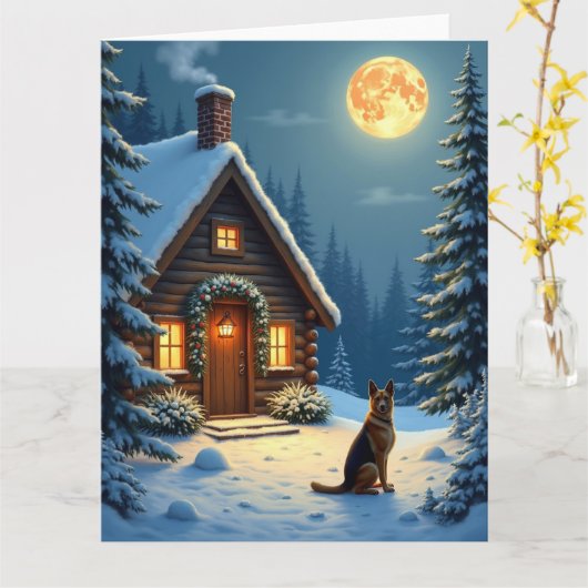 Carte German Shepherd Snowy Forest Cabin Christmas Paint (Fleur jaune)