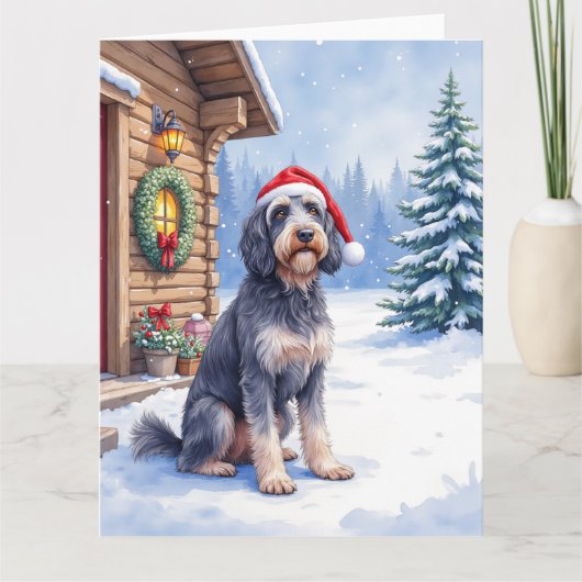 Carte German Wirehaired Pointer Snowy Lodge Santa Hat (Devant)