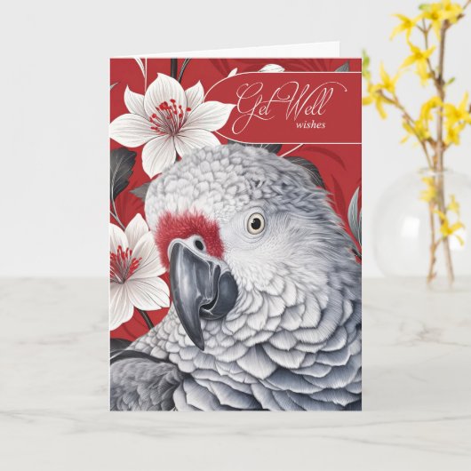 Carte Get Well African Grey Parrot Red and White Lilies (Fleur jaune)