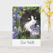 Carte Get Well Card Tuxedo Cat au Texas Bluebonnet (Fleur jaune)
