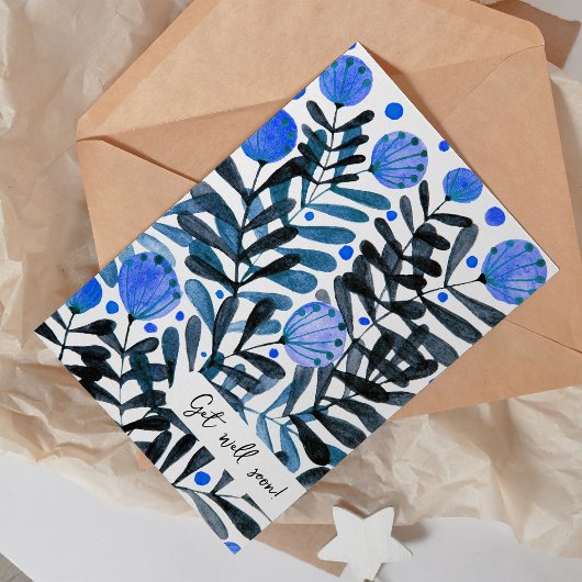 Carte Get well soon Whimsical blue flowers and foliage