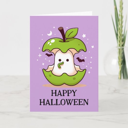 Carte Ghost mignon dans la pomme avec ver violet Hallowe (Devant)