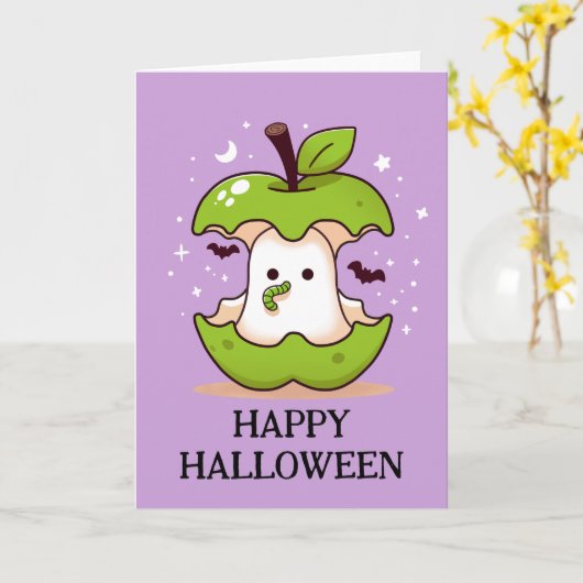 Carte Ghost mignon dans la pomme avec ver violet Hallowe (Fleur jaune)
