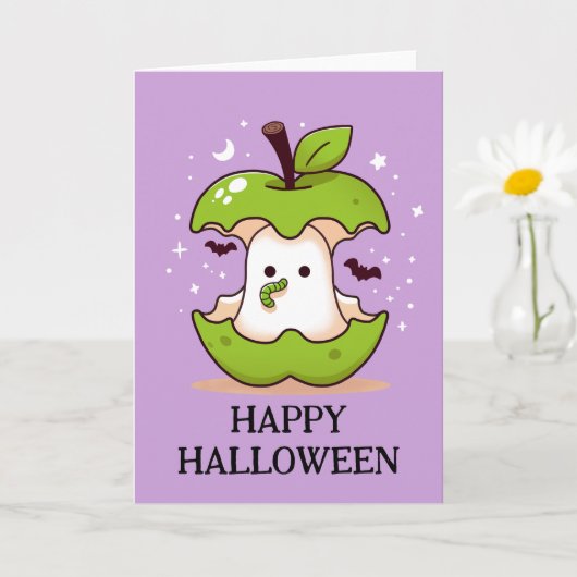 Carte Ghost mignon dans la pomme avec ver violet Hallowe (Petite plante)