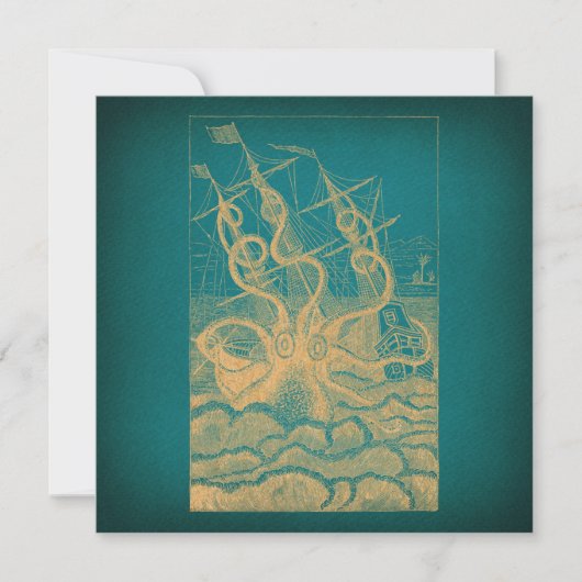 Carte Giant Octopus Attacking Ship Teal Antique Kraken (Devant)