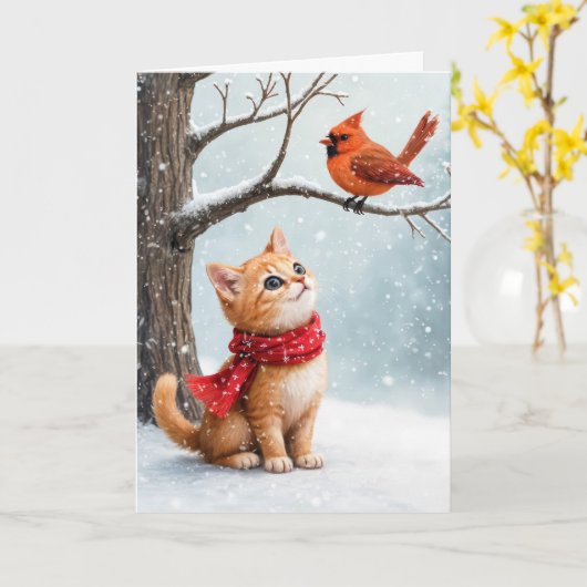 Carte Ginger de Noël Kitty regarder un cardinal (Fleur jaune)