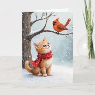 Carte Ginger de Noël Kitty regarder un cardinal