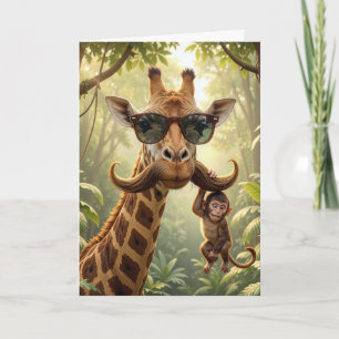 Carte Girafe d'anniversaire avec moustache et singe