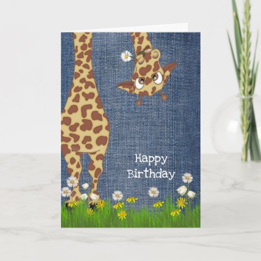 Carte girafe d'anniversaire sur denim bleu (Devant)