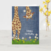 Carte girafe d'anniversaire sur denim bleu (Fleur jaune)