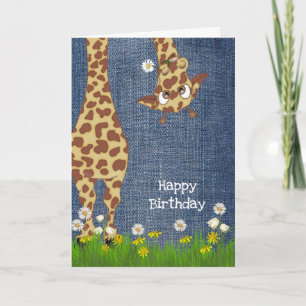 Carte girafe d'anniversaire sur denim bleu