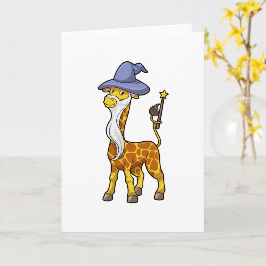 Carte Girafe en Magicien avec baguette magique et chapea (Fleur jaune)