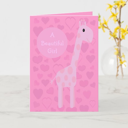 Carte Girafe Rose mignonne & Coeurs Nouveau bébé fille (Fleur jaune)