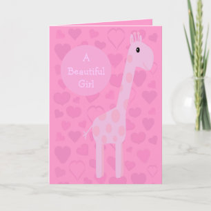 Carte Girafe Rose mignonne & Coeurs Nouveau bébé fille