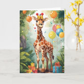 Carte Giraffe de dessin animé avec ballons et présentate (Fleur jaune)