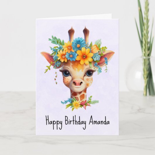Carte Giraffe mignonne avec la couronne fleurie Annivers (Devant)