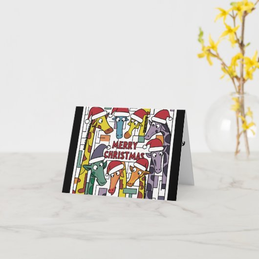 Carte Giraffes amusantes à Santa Hats Noël Abstrait (Fleur jaune)