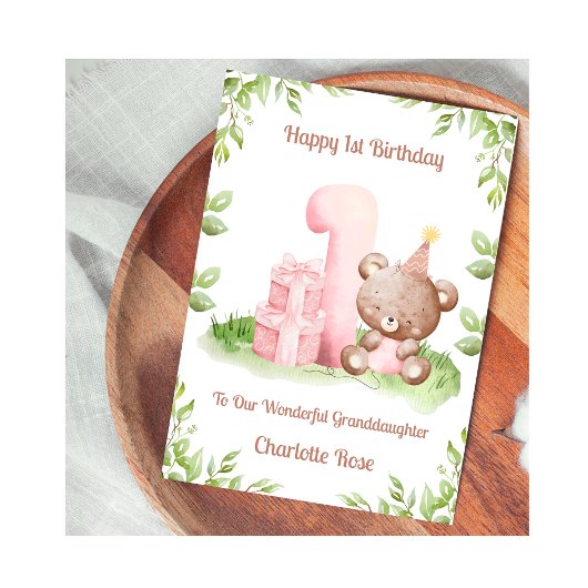 Carte Girl 1st Birthday Greenery Teddy Bear Card