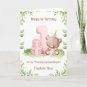 Carte Girl 1st Birthday Greenery Teddy Bear Card (Devant)