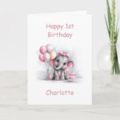 Carte Girl Baby Elephant 1st Birthday (Devant)