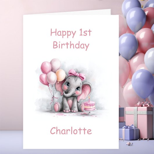 Carte Girl Baby Elephant 1st Birthday