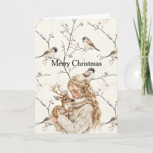 Carte Girl Holding Deer Birds Tree Cream Christmas (Devant)