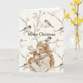 Carte Girl Holding Deer Birds Tree Cream Christmas (Fleur jaune)
