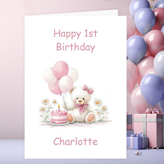 Carte Girl Teddy Bear 1st Birthday