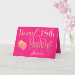 Carte Girly Happy 18th Birthday Name Ornate Pink Gold<br><div class="desc">Un élégant design de couleur féminine de typographie ornée en or sur un arrière - plan rose chaud pour un 18ème anniversaire. Happy Birthday est placé dans un script décoratif, et l'âge est dans une police de coordonnées avec nom dans un script élégant en bas. Personnalisez facilement le nom et...</div>