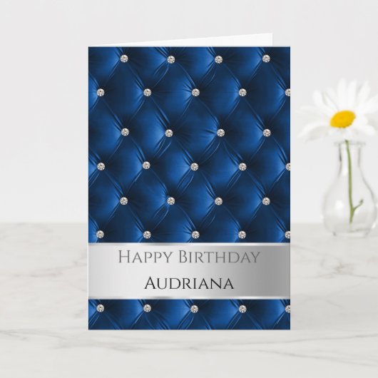 Carte Glam Chic Blue Faux Velvet Argent Anniversaire (Petite plante)