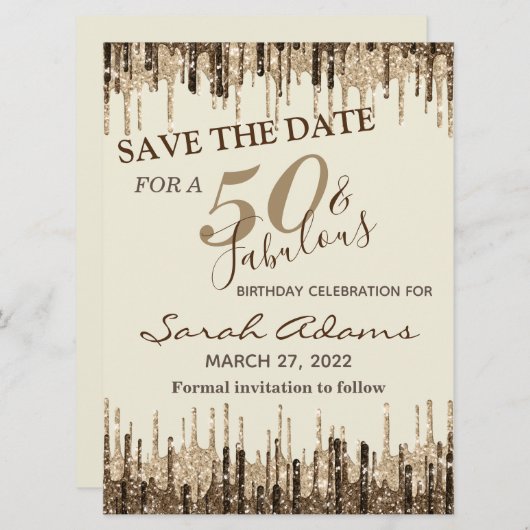 Carte Glam Gold Brown Drip 50 Fab Anniversaire Enregistr (Devant / Derrière)