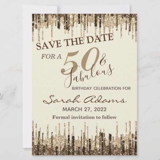 Carte Glam Gold Brown Drip 50 Fab Anniversaire Enregistr (Devant)