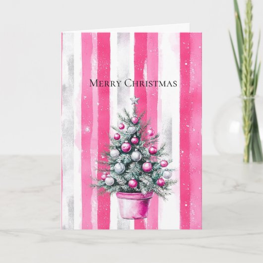 Carte Glam Pink White Christmas Tree Stripes (Devant)