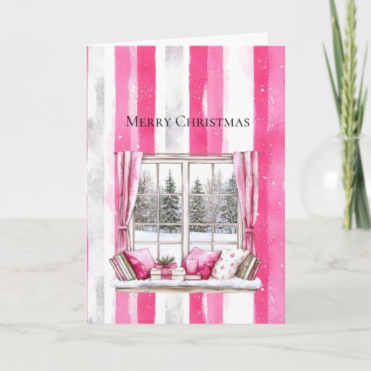 Carte Glam Pink White Christmas Tree Window Stripes (Devant)