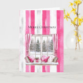Carte Glam Pink White Christmas Tree Window Stripes (Fleur jaune)