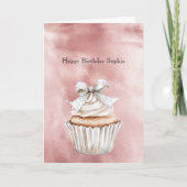 Carte Glam Rose Blush Glitzy Silver Bow Cupcake Birthday (Devant)