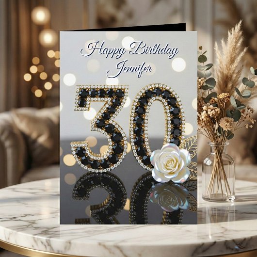 Carte Glamorous 30th Birthday Black Diamonds White Rose 