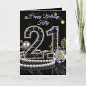 Carte Glamorous Black Gemstone White Rose 21st Birthday (Devant)