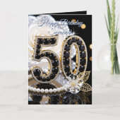 Carte Glamorous Black Gemstone White Rose 50th Birthday (Devant)