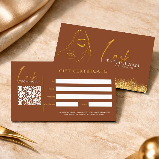 Carte Glamorous Gold & Brown Lash Tech  Gift Certificate