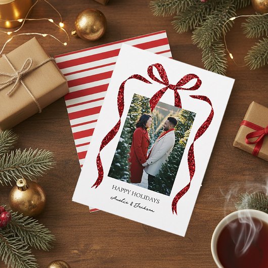 Carte Glitter Bow with Photo Minimalist Christmas Card