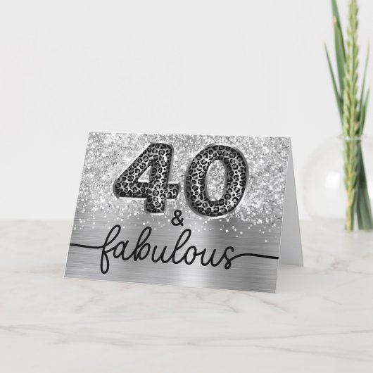 Carte Glittery Silver Leopard Glam 40 and Fabulous (Devant)