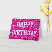 Carte Glitz rose 'Joyeux Anniversaire' avant et texte in (Fleur jaune)