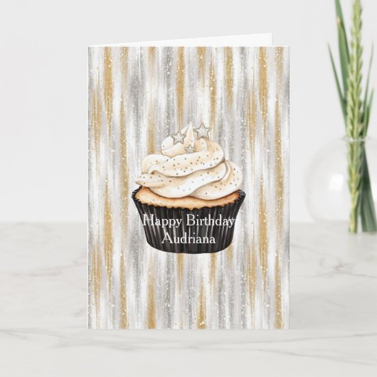 Carte Glitzy Gold Silver Stars Cupcake Birthday (Devant)